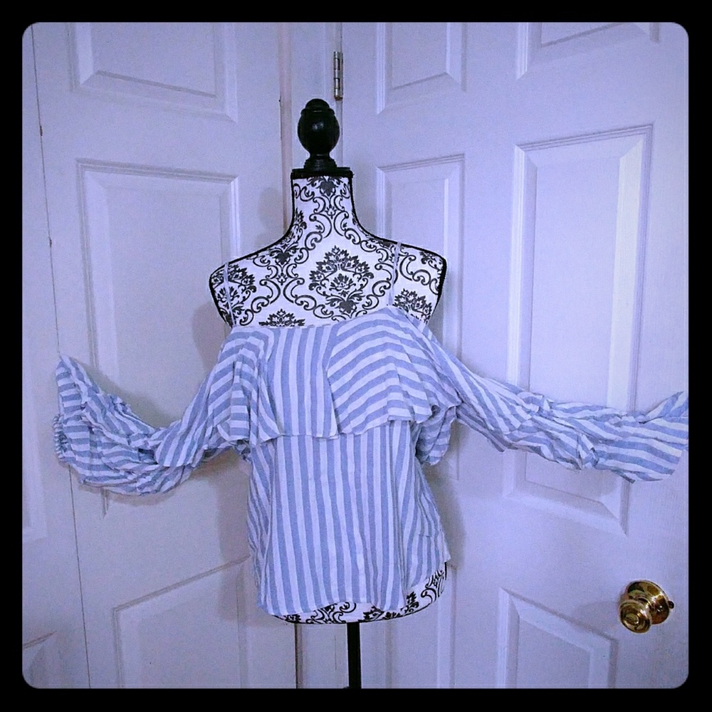 Ladies Medium Blue White Striped Chic Blouse